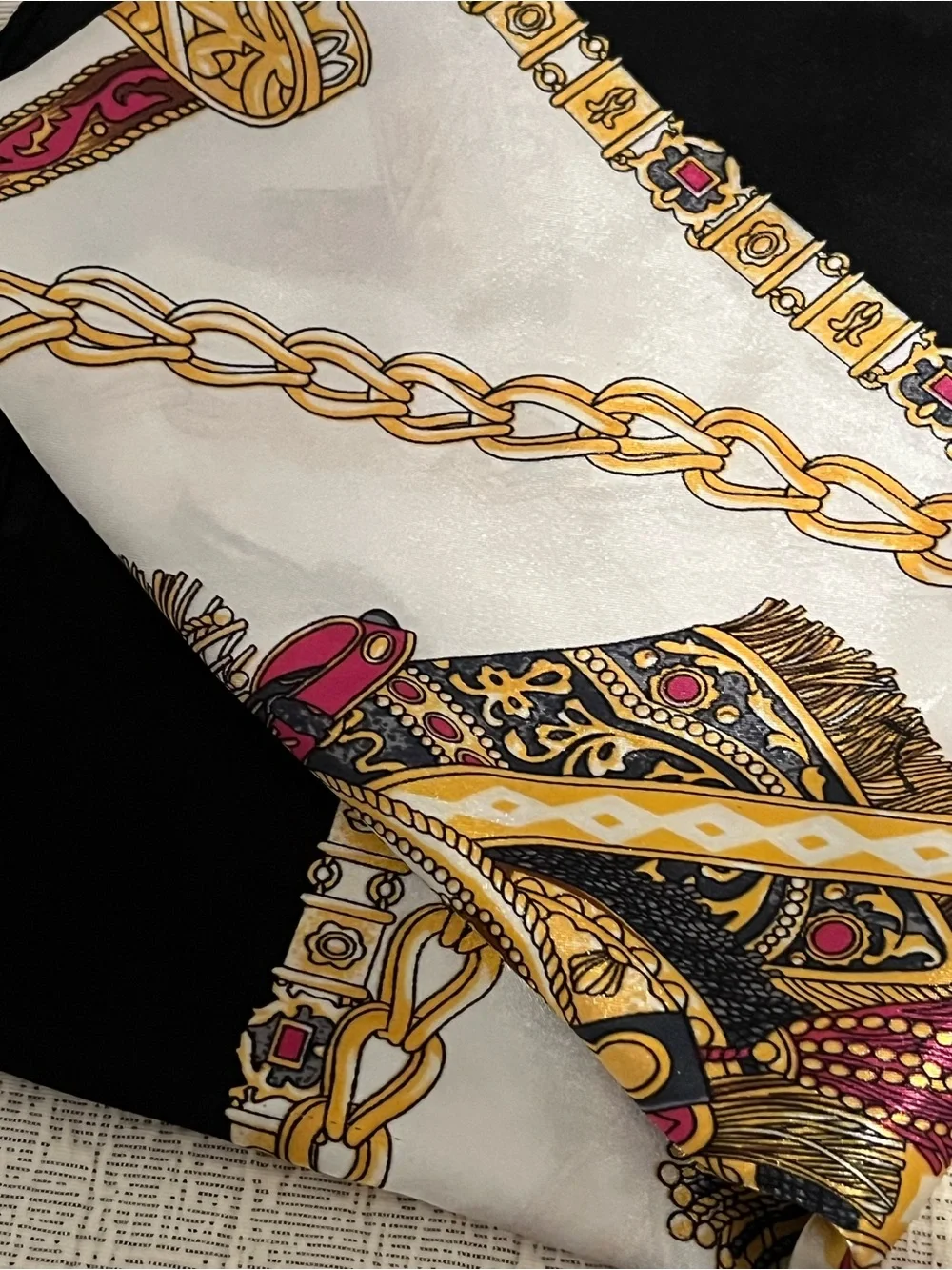 36” Scarf: Silk-Feel Baroque Print Scarf in Black, Gold & Cream